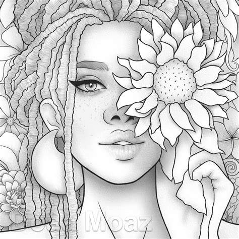 printable coloring page black girl floral portrait coloring page