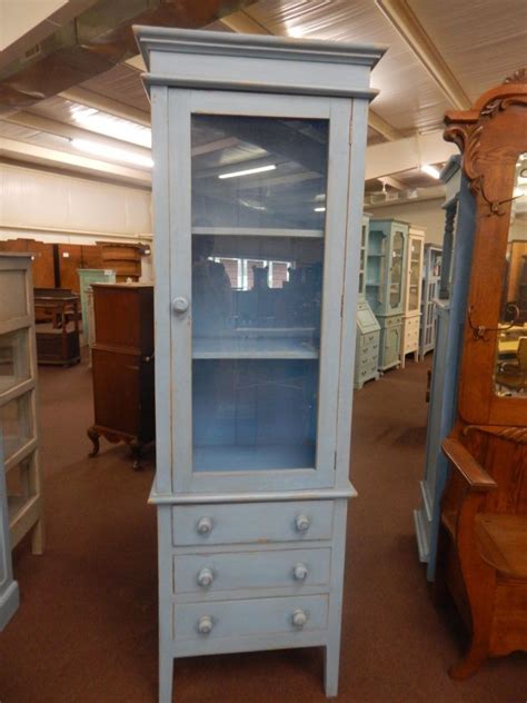 Vintage Pale Blue Tall Narrow Display Cabinet With Glass