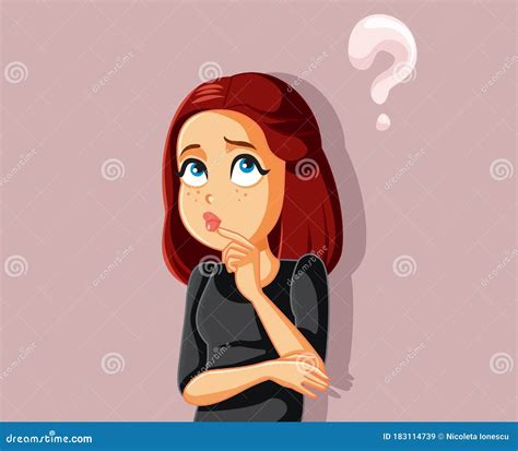 Funny Cartoon Girl Thinking Having Many Questions Stock Vector
