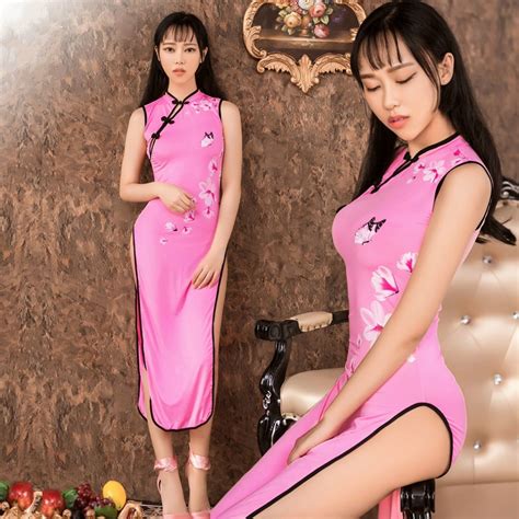 new arrival women cosplay pink print sexy chinese cheongsam uniform