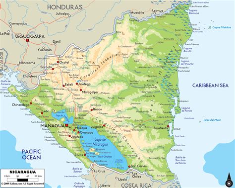 physical map  nicaragua ezilon maps