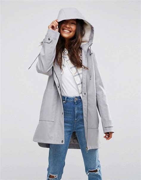 asos premium raincoat  borg liner gray waterproof jacket women raincoats  women