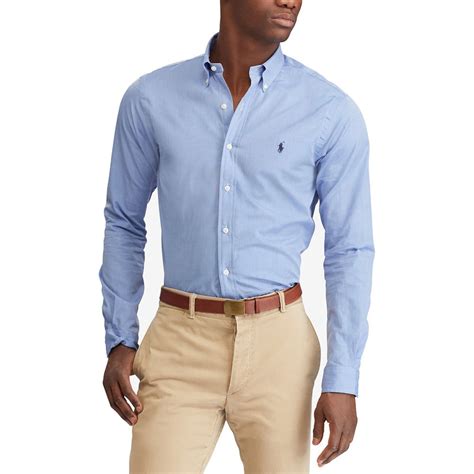 polo ralph lauren mens long sleeve stretch poplin blue    casual dress button