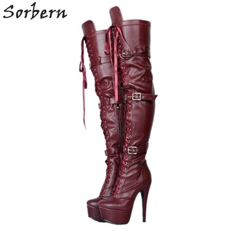Sorbern Fashion Over The Knee Boots For Women Wine Red Platform Shoes