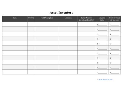asset inventory template  printable  templateroller