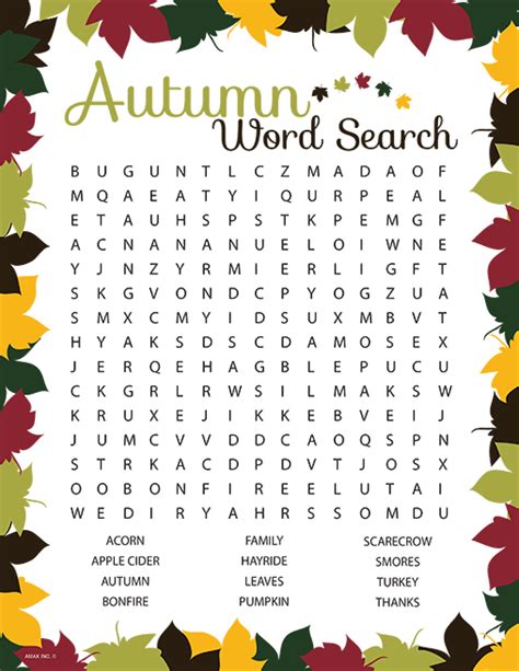 autumn word search printable