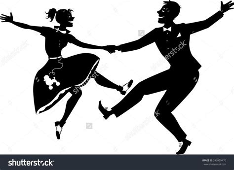 black vector silhouette of a couple dressed in 1950s fashion dancing rock and roll no white