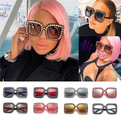 2018 Oversized Square Bling Rhinestone Sunglasses Women Fashion Shades