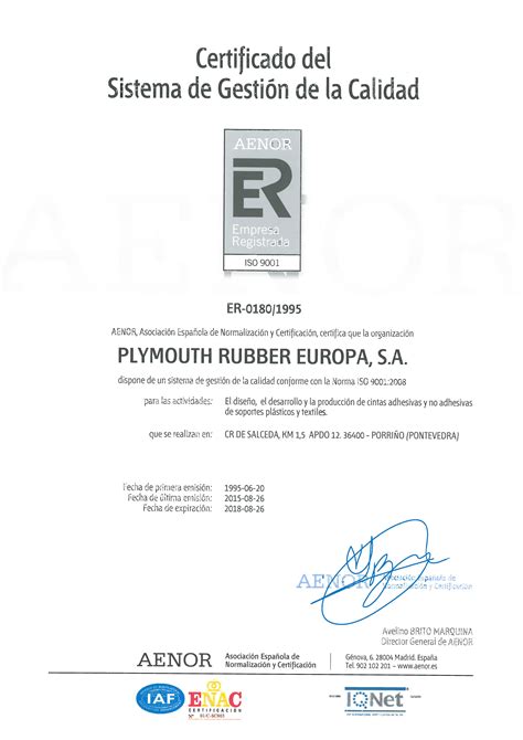 Certificado Iso 9001 – Plymouth Rubber Europa S A