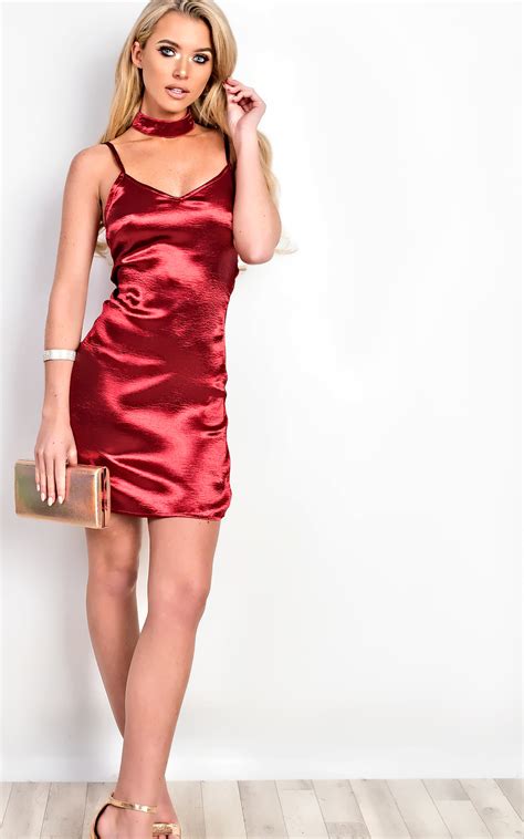 Women S Ladies Stunning Choker Neck Satin Slip Party Dress Ebay