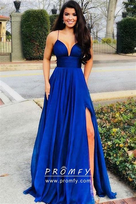 Royal Blue Satin Spaghetti Straps Split Prom Dress Promfy