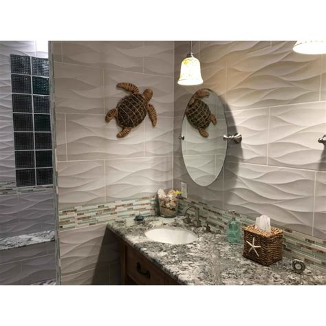 Sea Green Glass Tiles Beach House Style Backsplash White Stone And