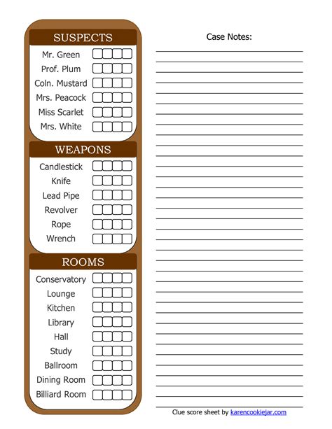 clue game printable sheets