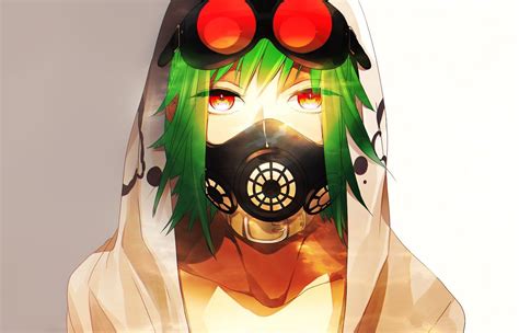 anime girls gas masks goggles green hair megpoid gumi red eyes