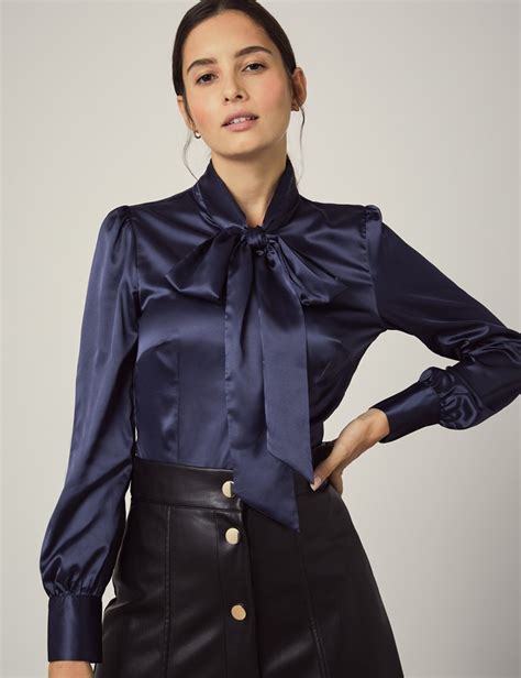women s navy fitted luxury satin blouse pussy bow