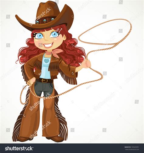 brunette curly hair cowgirl lasso isolated stock vector 195629351