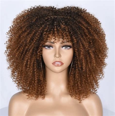 Kinky Curly Wigs With Bangs 14inch Afro Hair Synthetic Heat Etsy