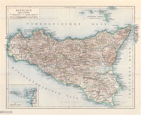 Topographic Map Of Sicily Italy Lithograph Published In 1897 Stock