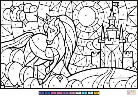 unicorn color  number  printable coloring pages
