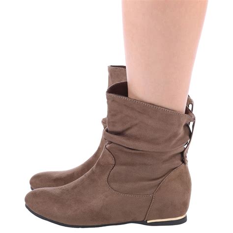 Womens Ladies Flat Slouch Low Heel Wedge Ankle Boots Shoes Pixie Casual