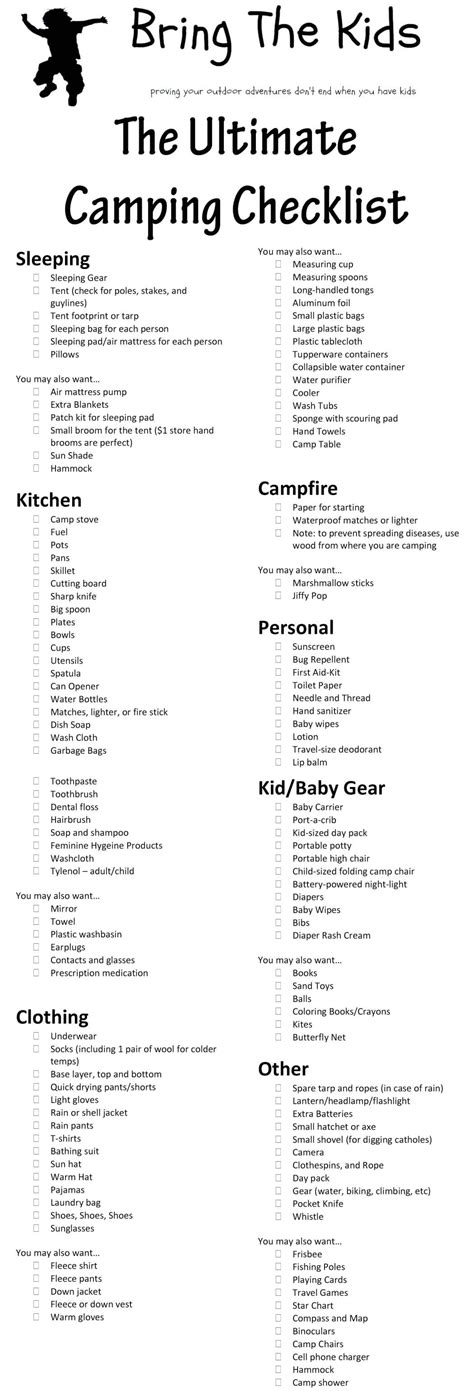 ultimate family camping checklist  printable bring  kids