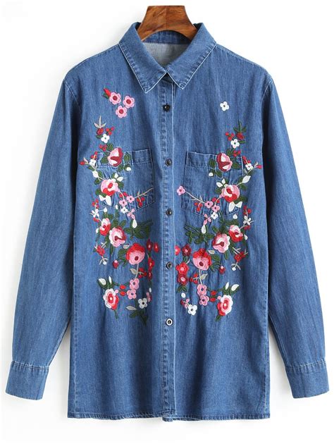 [42 Off] Button Up Flower Embroidered Denim Shirt Rosegal