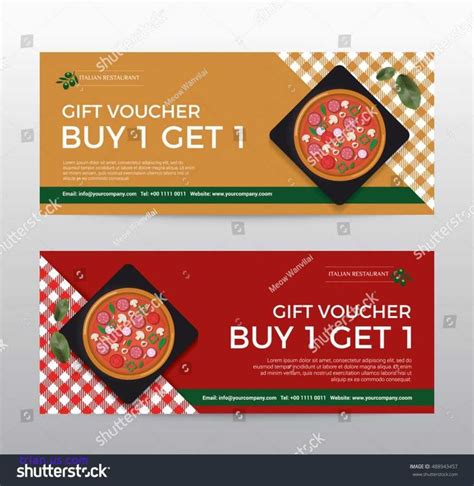 two gift voucher cards with pizza on checkered tablecloths and place
