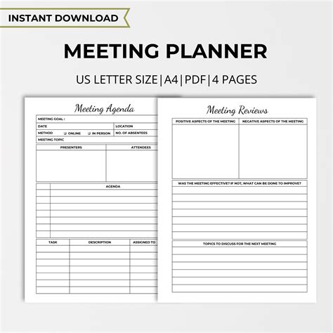 meeting notes template work planner printable office etsy uk