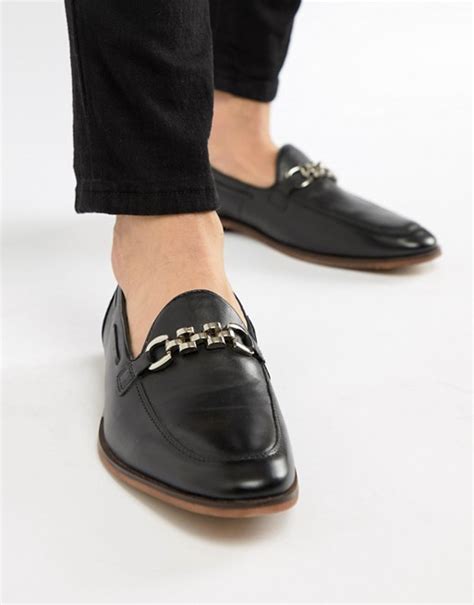 asos design loafers  black leather  chain asos