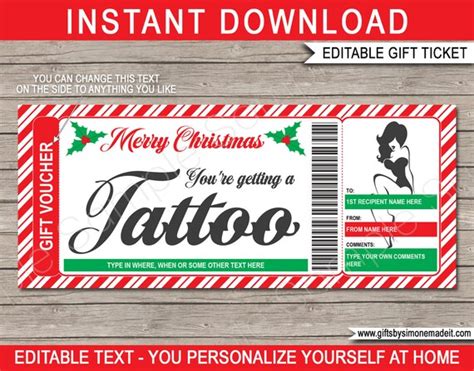 tattoo gift card certificate voucher ticket christmas printable