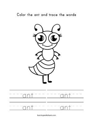 color  ant  trace  words learning worksheets words color