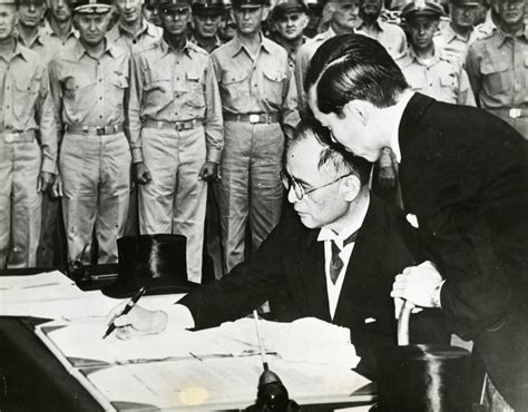 japanese foreign minister shigemitsu signing surrender documents tokyo bay japan  september