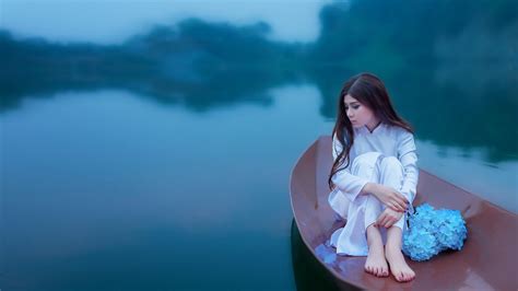 women model brunette long hair women outdoors sitting white dress flowers boat water barefoot