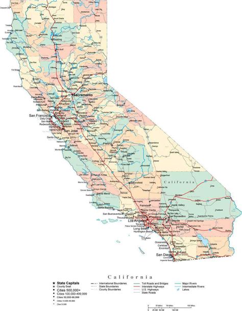 california digital vector map  counties major cities roads rivers lakes