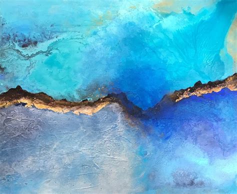 turquoise blue abstract painting atmospheric ocean  gold leaf