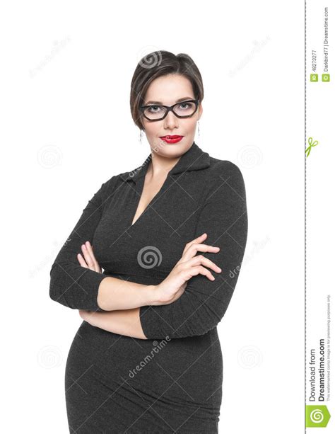 Beautiful Plus Size Woman In Black Dress And Glasses Posing Stock Image