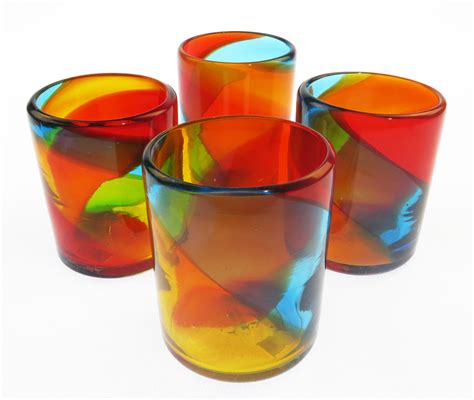 Mexican Glass Tumbler 12oz Tricolor Set Of Four