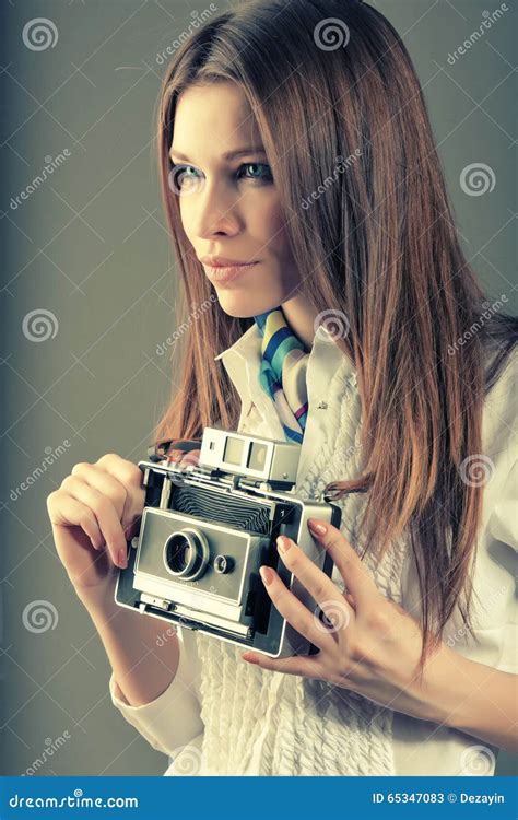 Pretty Young Girl With Retro Vintage Camera Stock Image Image Of