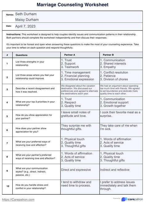 marriage counseling worksheet and example free pdf download