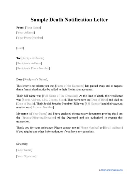 sample death notification letter  printable  templateroller