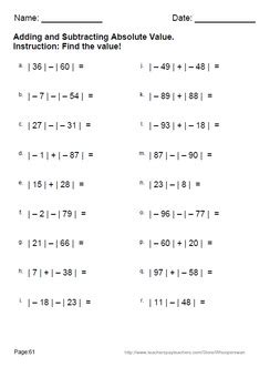 absolute  worksheets addition subtraction  whooperswan