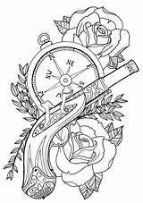 Gun Tattoo Coloring Pages Steampunk Unibody Deviantart Clock Roses Thigh Compass Pistol sketch template