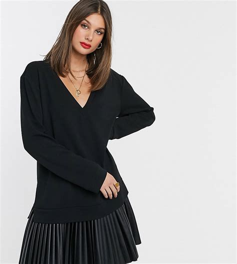 asos design tall sweaterjurk met geplooide leerlook zoom zwart tall fashion