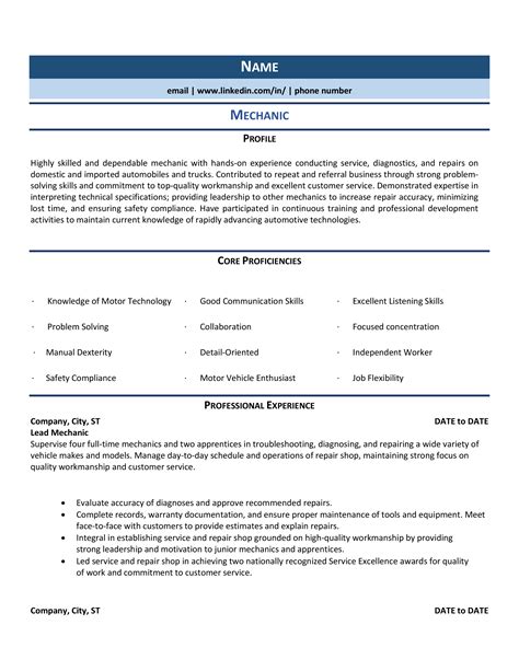 mechanic resume samples examples   resume examples