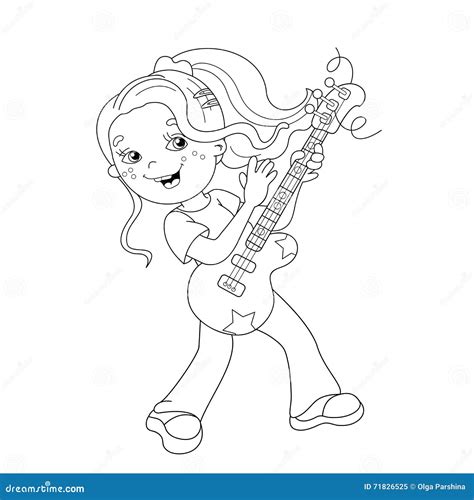 coloring page outline  cartoon girl playing  guitar stock vector