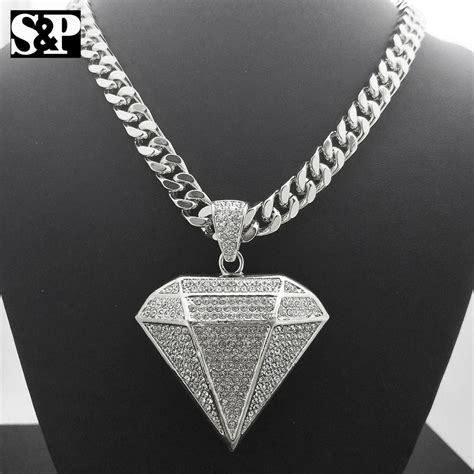 white gold pt big diamond shape pendant mm  cuban chain hip hop