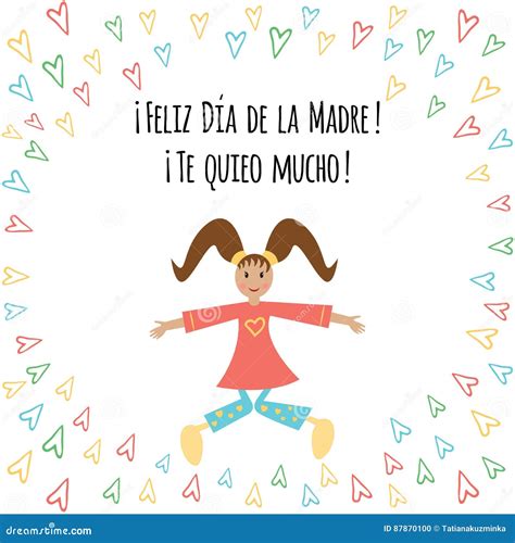 banner  text happy mothers day  spanish language  cute jumping girl  hearts stock