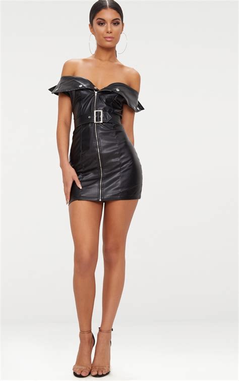 black faux leather bardot bodycon dress prettylittlething usa
