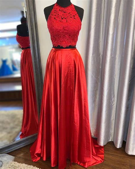 Two Pieces Red Long Prom Party Dress Sexy Halter Backless Formal Red