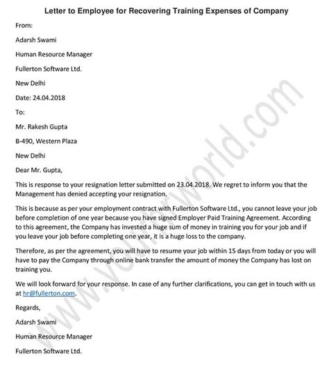 sample letter  employee  recovering training expenses  company